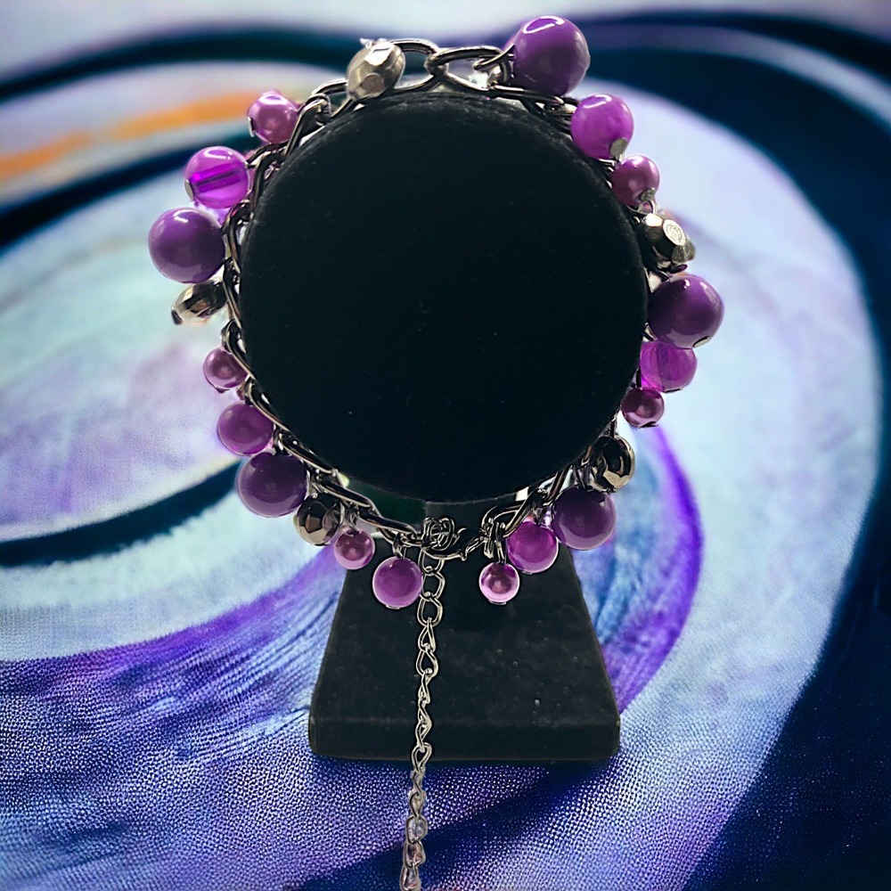 Purple Silver Beaded Steel Gray 10 1/8 Inch Bracelet!